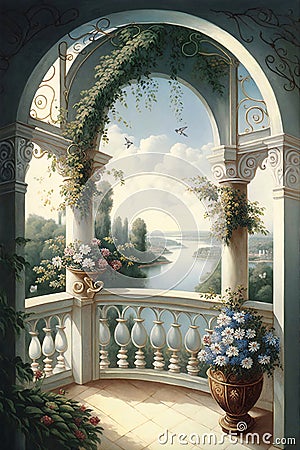 Wall paper painted in oil colors for an old balcony overlooking a lake surrounded by trees, flowers and birds Stock Photo