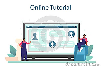 Wall papering online service or platform. Worker gluing wallpapers Vector Illustration