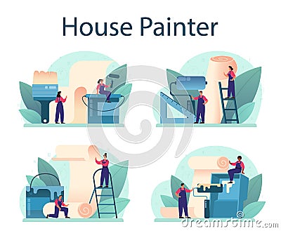 Wall papering set. Worker gluing wallpapers on the wall. Vector Illustration