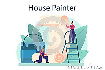 Wall papering. Worker gluing wallpapers on the wall. Vector Illustration