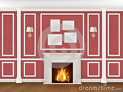 Wall with pilasters, fireplace, sconces Vector Illustration