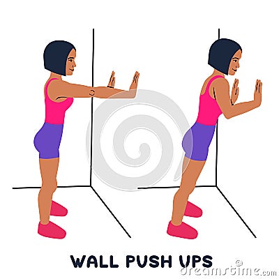 Wall push ups. Sport exersice. Silhouettes of woman doing exercise. Workout, training Cartoon Illustration