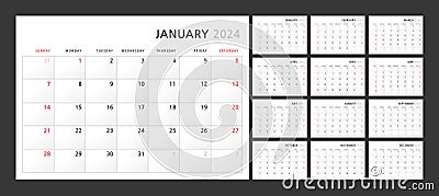 Wall quarterly calendar template for 2024 in a classic minimalist style. Week starts on Sunday. Set of 12 months. Corporate Vector Illustration