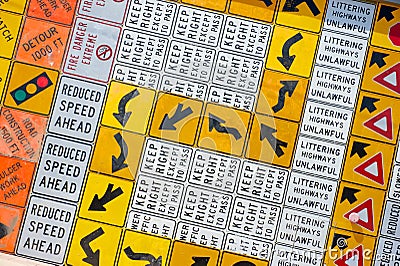 Wall of Road Warning Signs Stock Photo