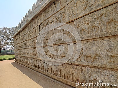 A sculptured wall in hajararama temple in Hampi Karnataka . Editorial Stock Photo