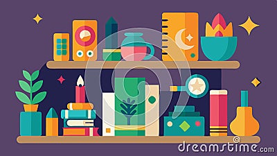 A wall shelf displaying an array of eclectic trinkets and colorful books.. Vector Illustration