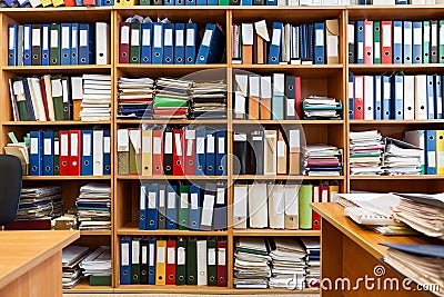 Wall from shelves with colourful file binders, an office room with papers and documents Stock Photo