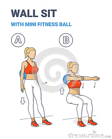 Wall Sit with Fit Mini Ball Women Home Workout Exercise Guide Illustration. Vector Illustration