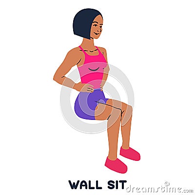 Wall sit. Sport exersice. Silhouettes of woman doing exercise. Workout, training. Vector Illustration