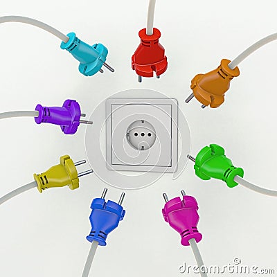 Wall socket with many different colored european power plugs around it Cartoon Illustration