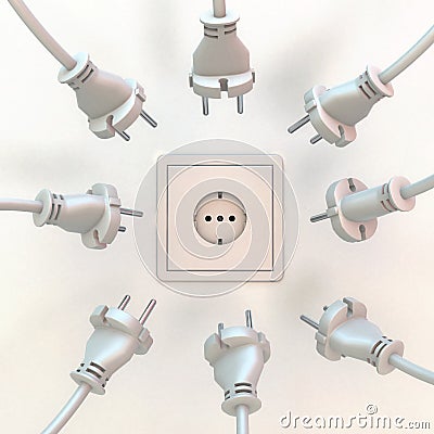 Wall socket with many european power plugs around it Cartoon Illustration