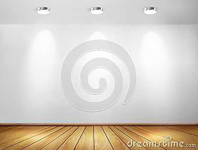 Wall with spotlights and wooden floor. Vector Illustration