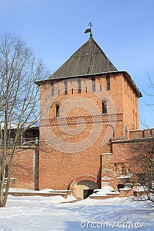 Wall and tower of Kremlin, Veliky Novgorod, Russia Stock Photo