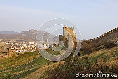 The wall and towers of Genoese fortress in Crimea peninsula Stock Photo