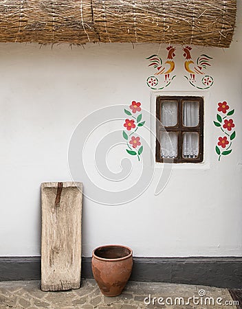 Wall of hut with national ornament Stock Photo