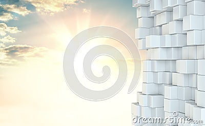 Wall from white cubes against beautiful sunrise Stock Photo