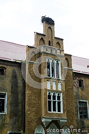 A wall with windows of an old castle with a stork`s nest on the roof. The old abandoned Prussian Waldau Castle in Kaliningrad Stock Photo