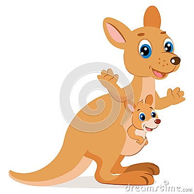 Wallaroo Encounter. Cartoon Animals Vector. Mother Kangaroo With Her Little Cute Baby. Vector Illustration