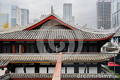 Walled ancient Daci monastery in downtown Chengdu on cloudy day Editorial Stock Photo