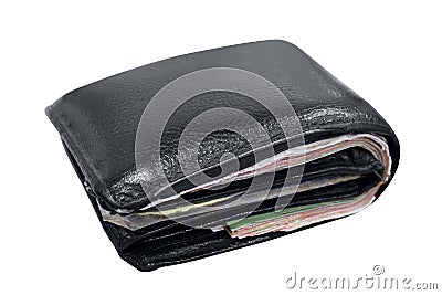 Wallet, billfold, black leather wallet on white background, wallet full on white background, wallet full of banknotes Stock Photo