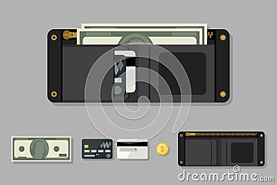 Wallet black with money Vector Illustration