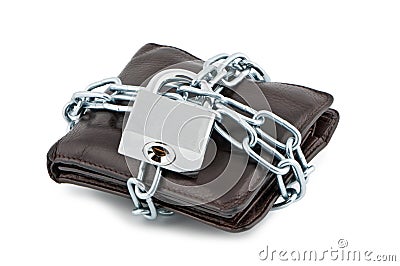 Wallet in chains closed padlock. Stock Photo