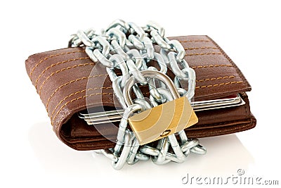 Wallet in chains with padlock Stock Photo