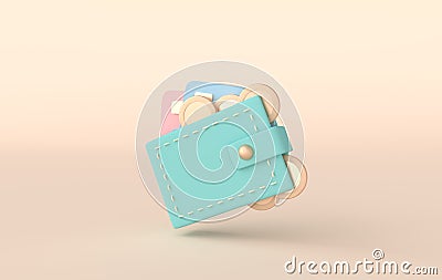 Wallet, coins and credit cards 3d rendering. Online payment and money saving concept. Pastel colors Stock Photo