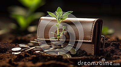 Wallet and coins and green sprout. A symbol of profit growth. Good investment. Generative AI Stock Photo