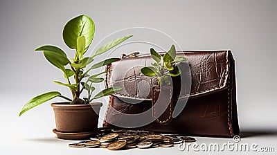 Wallet and coins and green sprout. A symbol of profit growth. Good investment. Generative AI Stock Photo