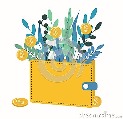 Wallet with coins. Money grows on the branches and leaves of plants. Cartoon Illustration