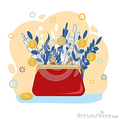 Wallet with coins. Money grows on the branches and leaves of plants. Flat illustration isolated on a white background. Finance, sa Cartoon Illustration