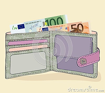 Wallet with 50 and 100 Euro bills Vector Illustration