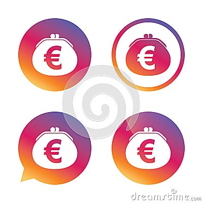 Wallet euro sign icon. Cash bag symbol. Vector Illustration