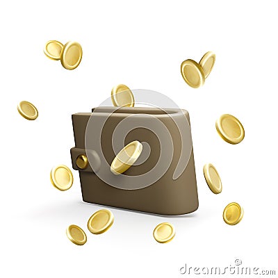 Wallet with flying golden coins in realistic cartoon style. 3D purse design element for cashback concept Vector Illustration