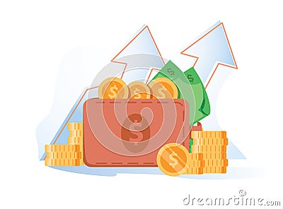 Wallet full of money, revenue increase, high interest rate, income growth, budget profit, financial fund growth Cartoon Illustration