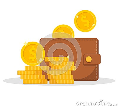 Wallet icon. Wallet and stack of coin. Cash back icon with coins and wallet. Vector illustration Vector Illustration