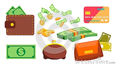 Wallet, Money, Coins Vector. Purse. Bill. Online, Ofline Payments. Isolated Flat Cartoon Illustration Vector Illustration