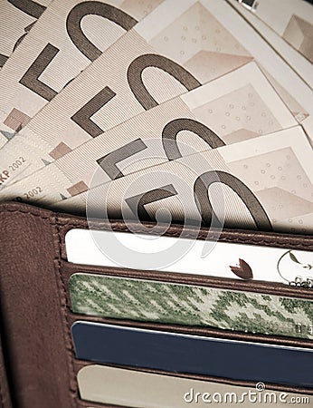 Wallet, money and credit cards Stock Photo