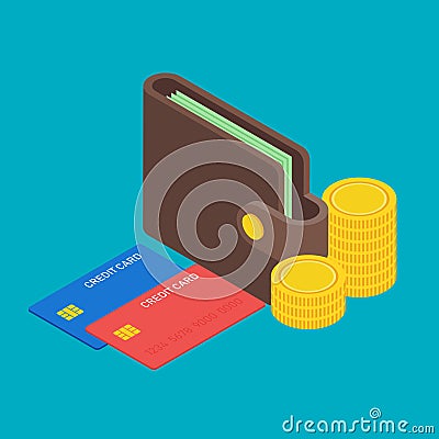 Wallet with money dollar bank note, pile of coins and credit cards isometric flat design Cartoon Illustration