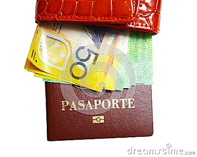 Wallet with money and passport on isolated white Stock Photo