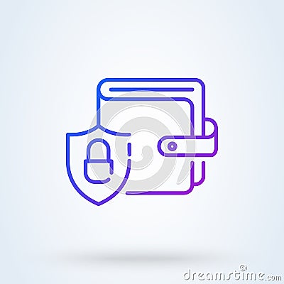 Wallet with money protected with shield sign line icon or logo. Online payment protection system concept. Secure bank transaction Vector Illustration