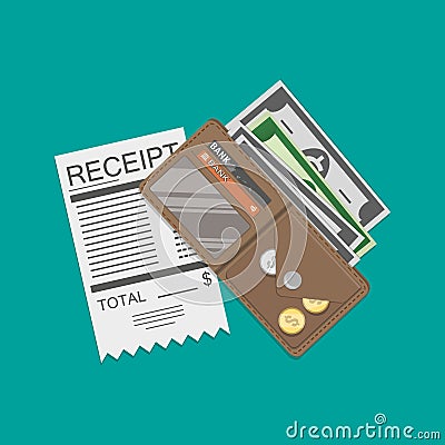 Wallet with money and receipt Vector Illustration