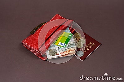 Wallet, passport Russian ruble, money card visa, Editorial Stock Photo