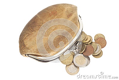 Wallet with some euros coins isolated on white Stock Photo