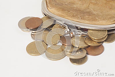 Wallet with some euros coins isolated on white Stock Photo