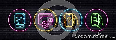 Wallet, Water cooler and Ask question minimal line icons. For web application, printing. Neon laser 3d lights. Vector Stock Photo