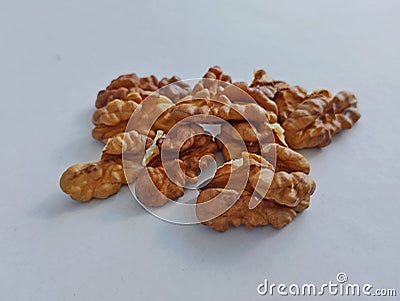 Wallnut kernels on gray background Stock Photo