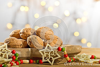 Wallnuts with Christmas decoration Stock Photo