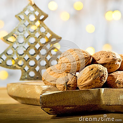 Wallnuts with Christmas tree Stock Photo